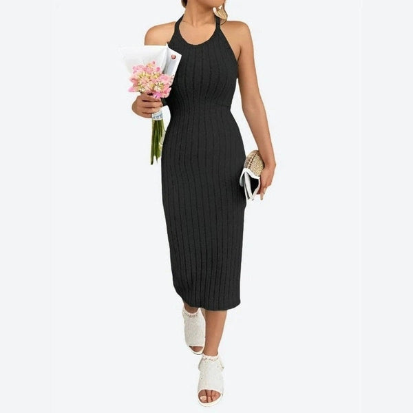 Stylish Ribbed Halter Neck Midi Dresses