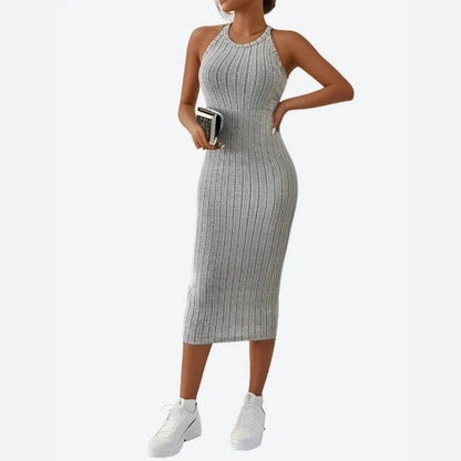 Stylish Ribbed Halter Neck Midi Dresses