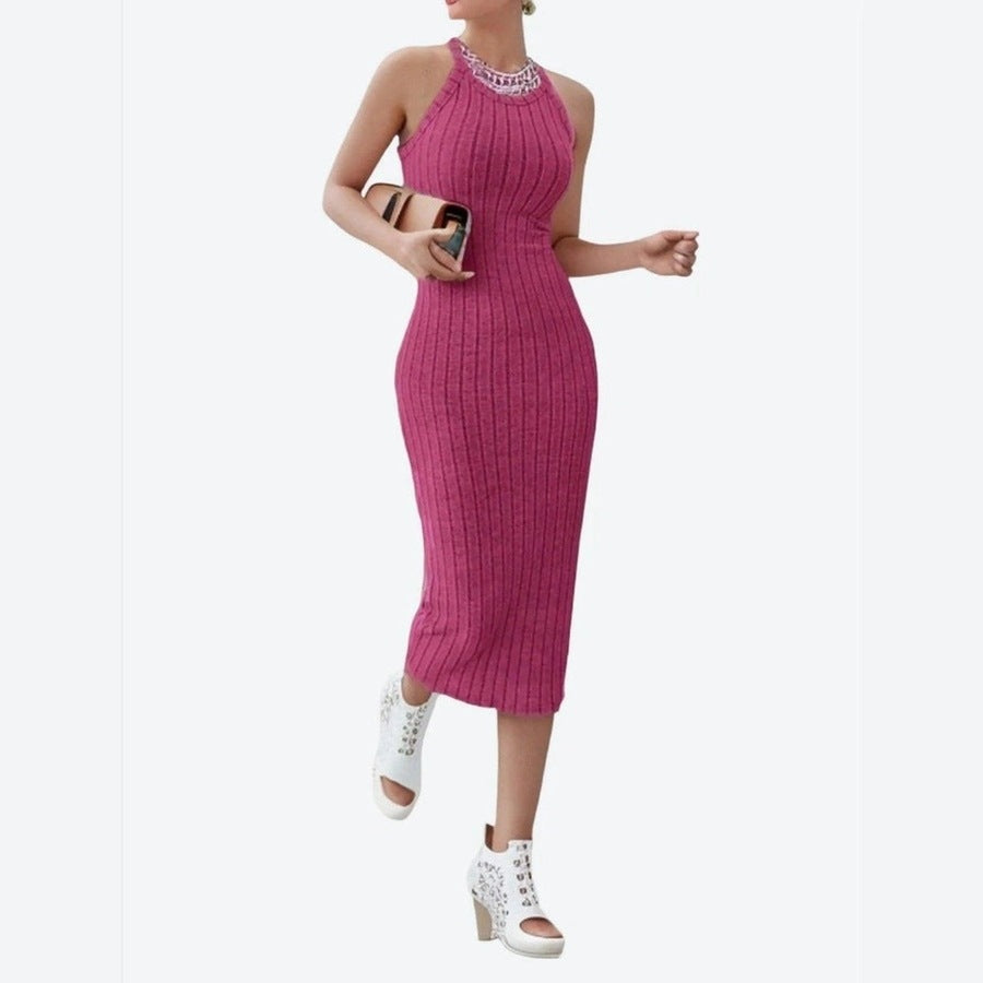 Stylish Ribbed Halter Neck Midi Dresses