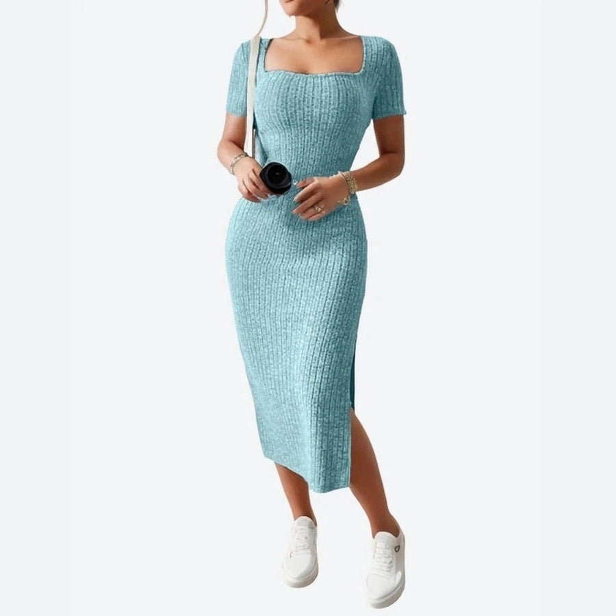 Stylish Ribbed Square Neck Midi Dresses