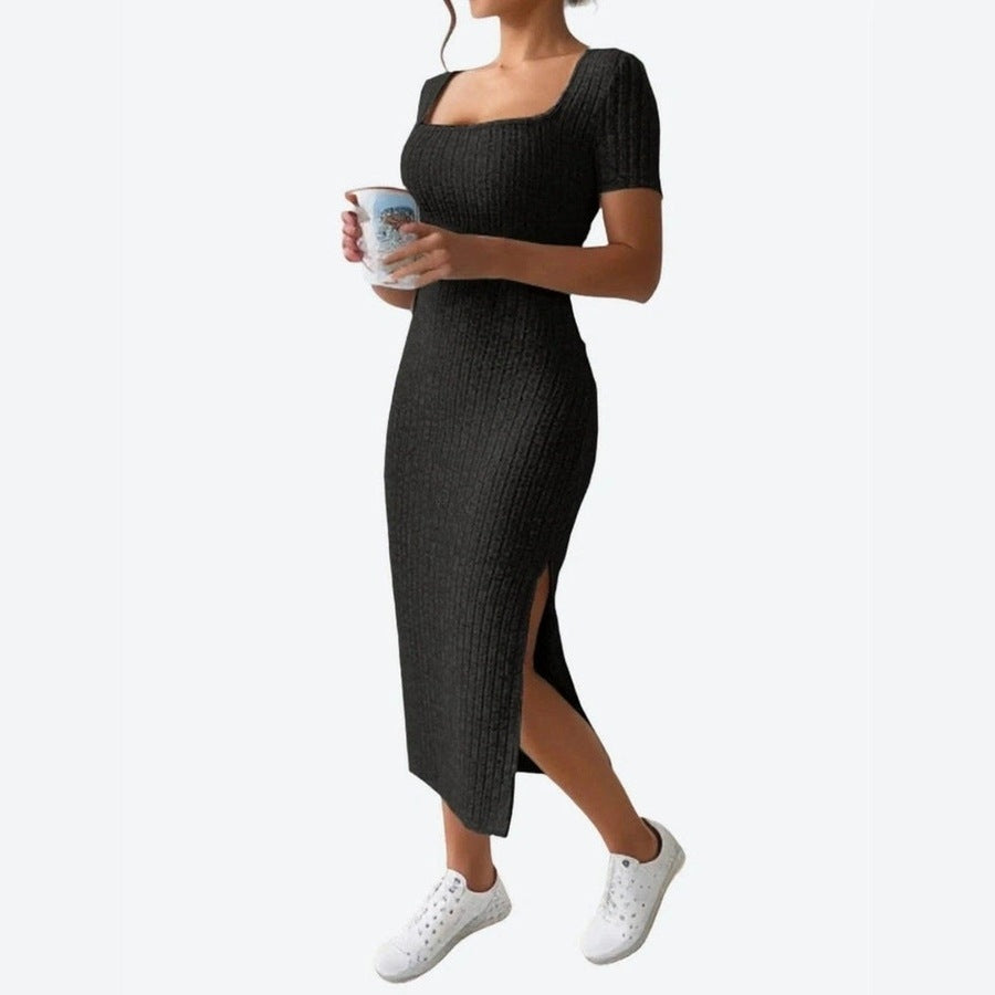 Stylish Ribbed Square Neck Midi Dresses