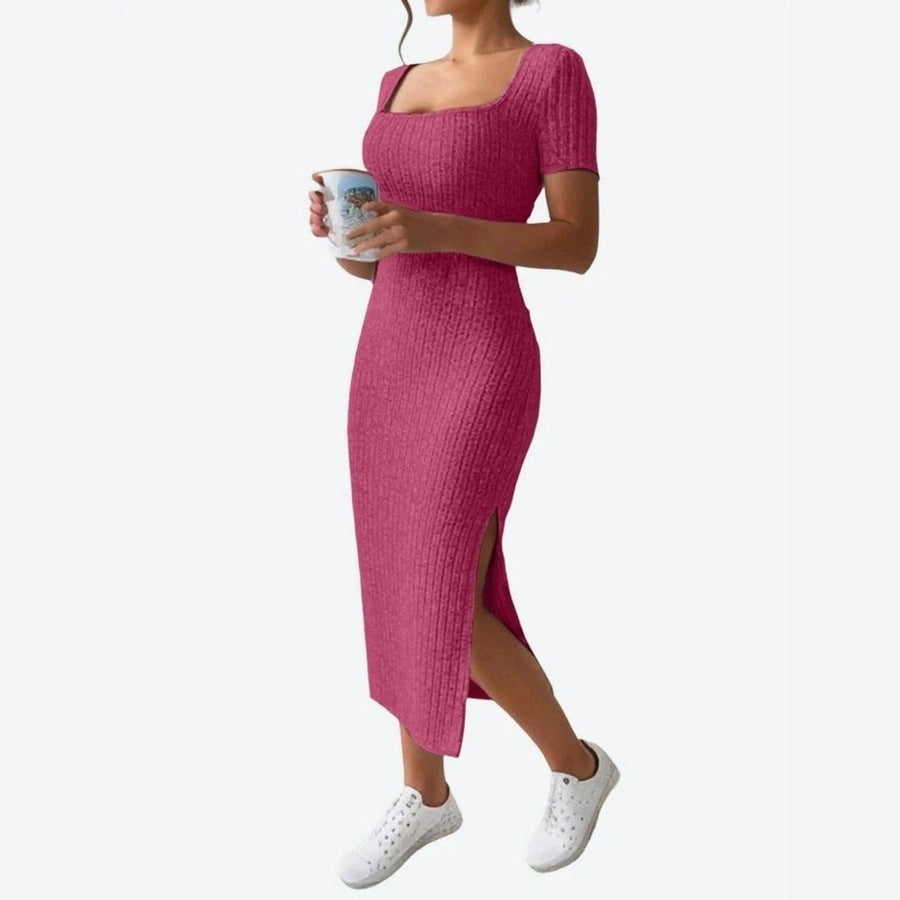 Stylish Ribbed Square Neck Midi Dresses