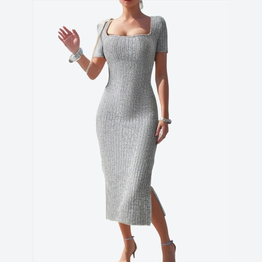 Stylish Ribbed Square Neck Midi Dresses