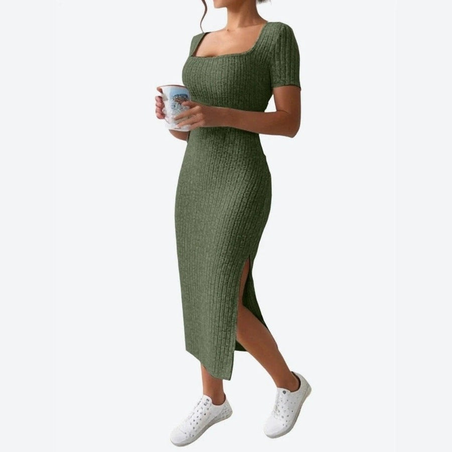 Stylish Ribbed Square Neck Midi Dresses