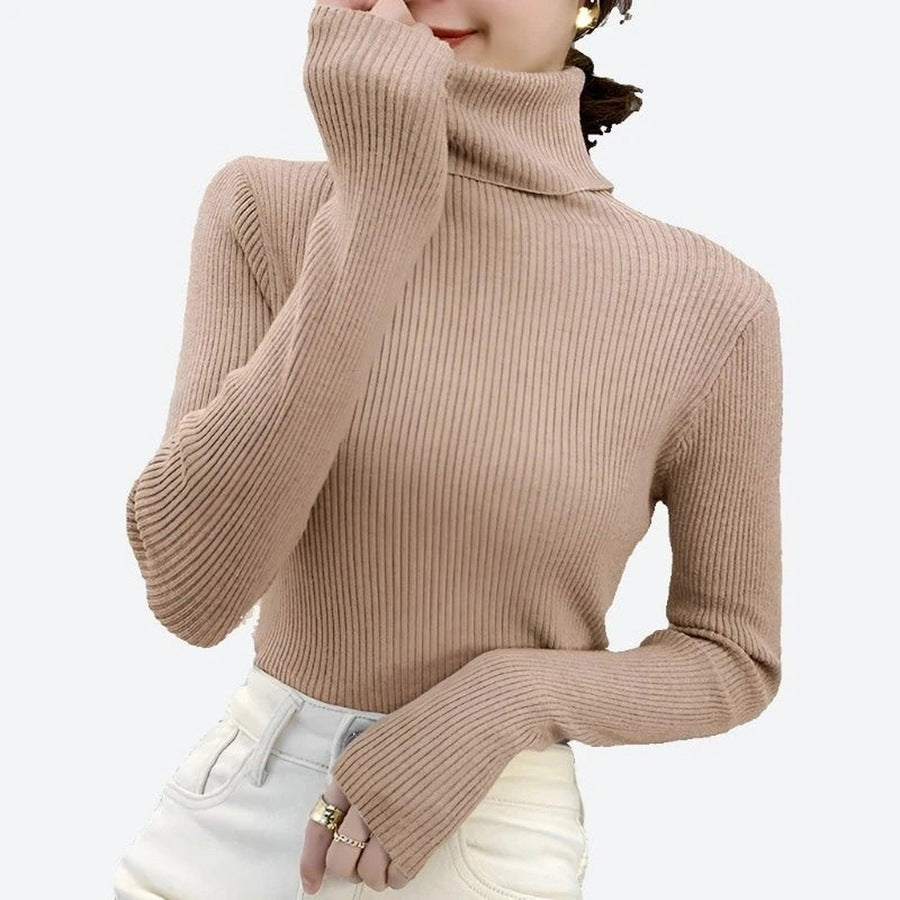 Stylish Ribbed Turtleneck Longsleeve Tops