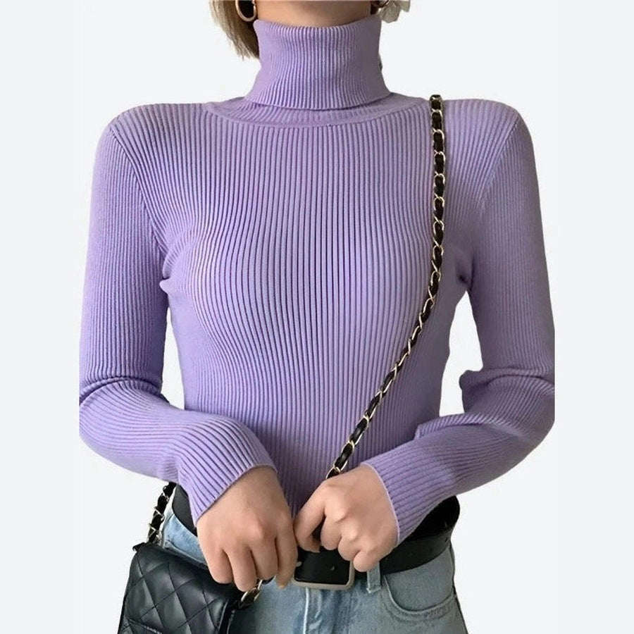 Stylish Ribbed Turtleneck Longsleeve Tops