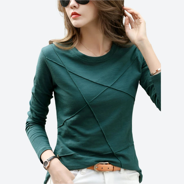 Textured Crewneck Long-Sleeve Casual Tops