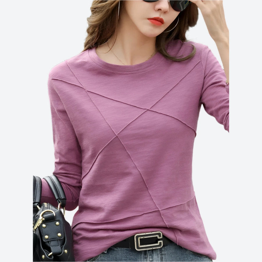 Textured Crewneck Long-Sleeve Casual Tops