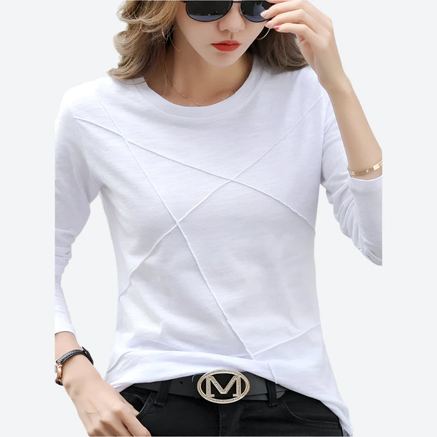 Textured Crewneck Long-Sleeve Casual Tops