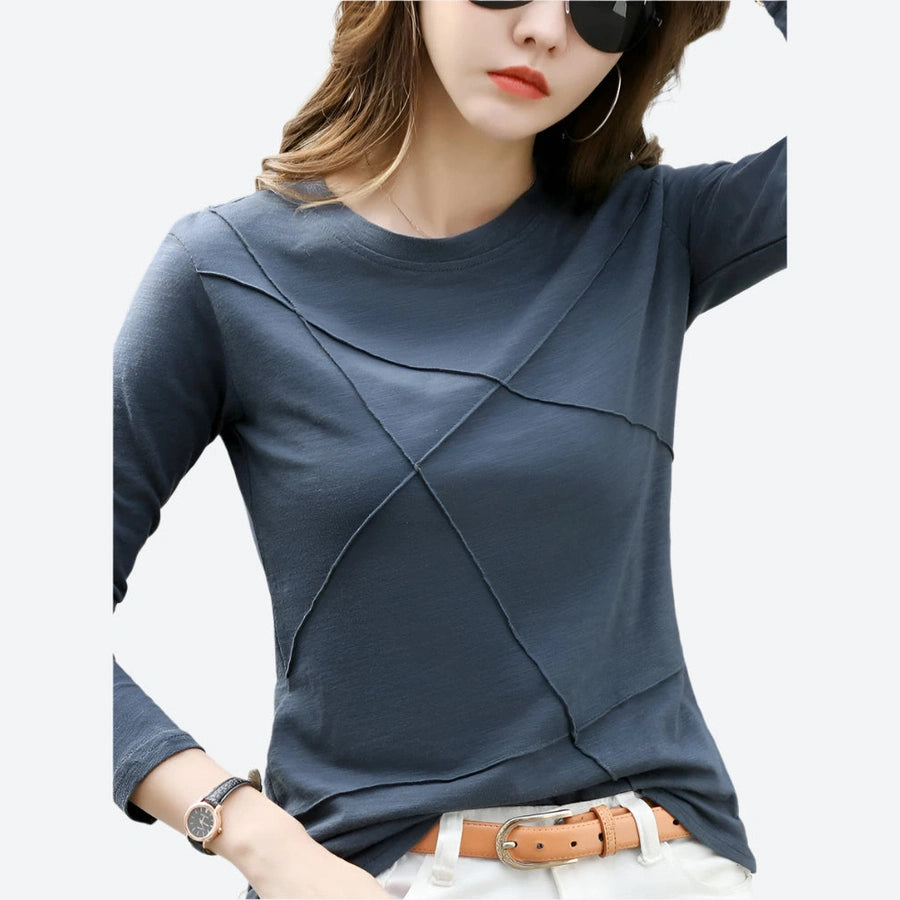 Textured Crewneck Long-Sleeve Casual Tops