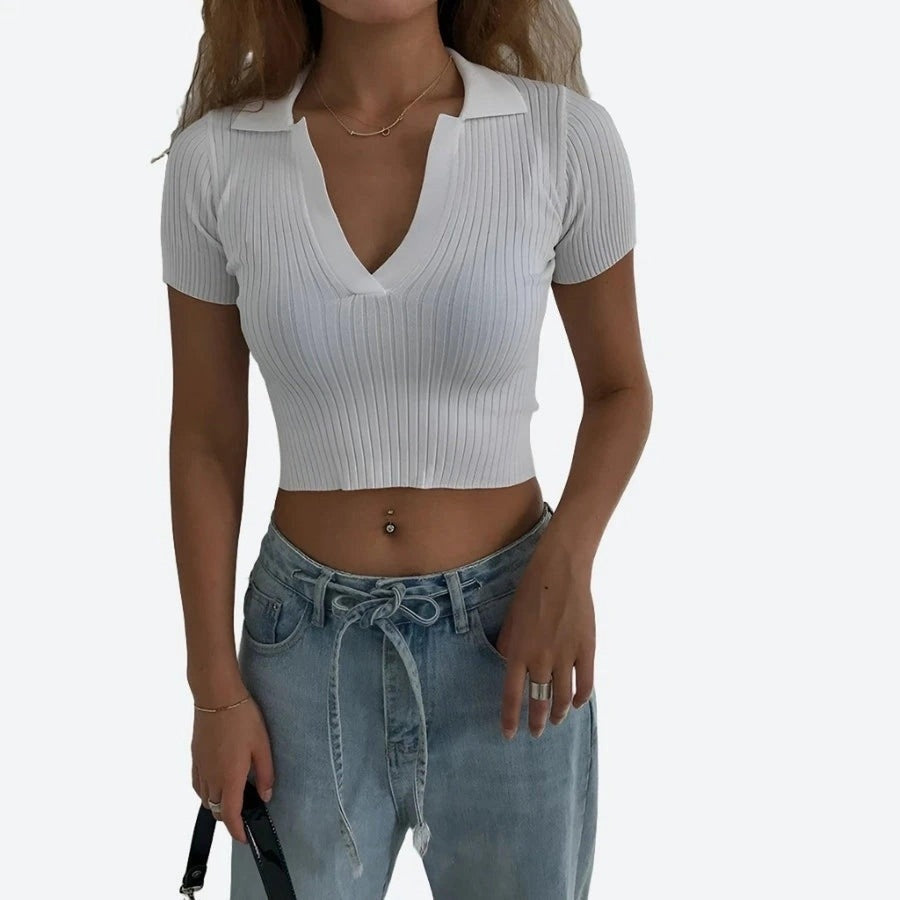 Trendy Ribbed Collared Crop Tops