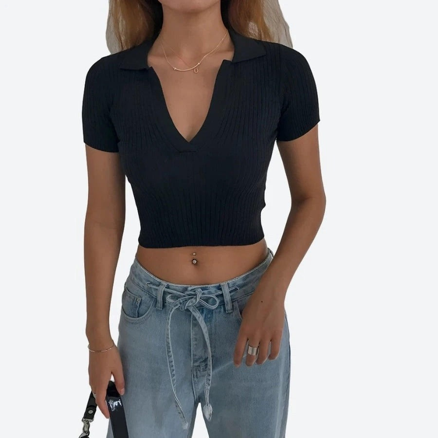 Trendy Ribbed Collared Crop Tops