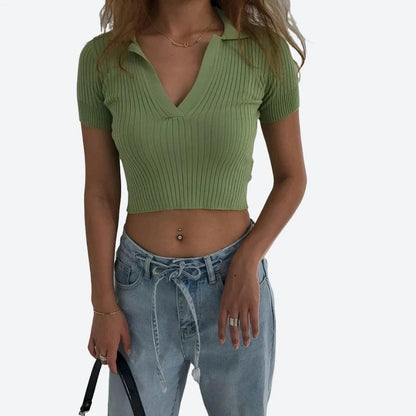 Trendy Ribbed Collared Crop Tops