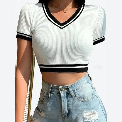 Trendy Ribbed V-Neck Crop Tops