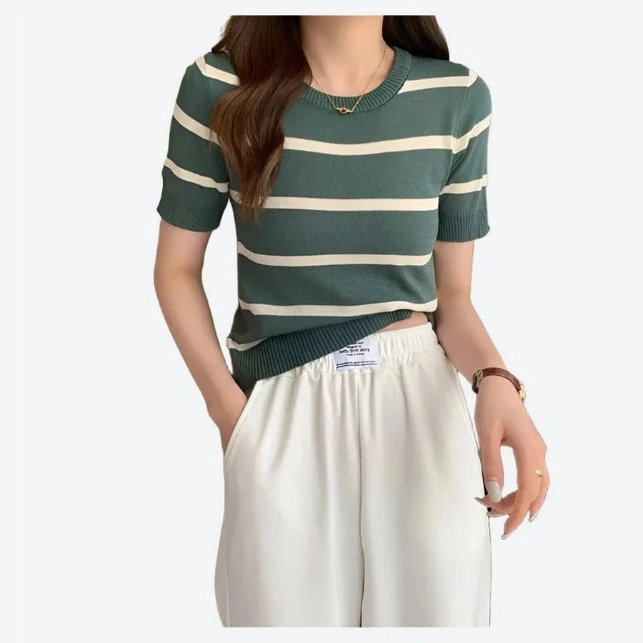 Trendy Striped Short-Sleeve Knit Tops