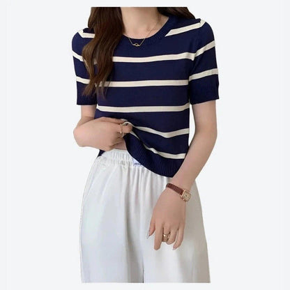 Trendy Striped Short-Sleeve Knit Tops