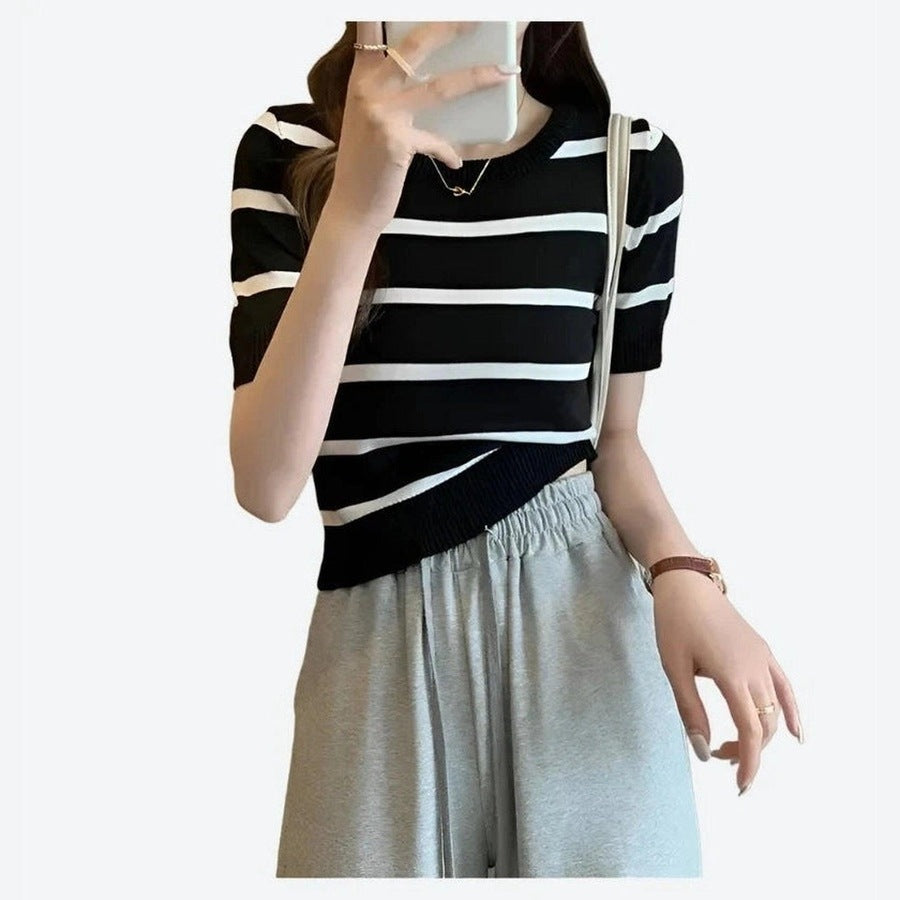 Trendy Striped Short-Sleeve Knit Tops