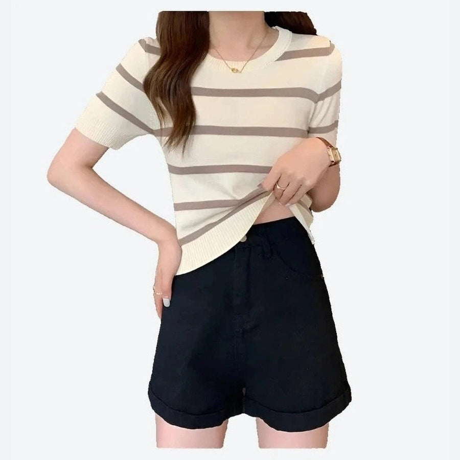 Trendy Striped Short-Sleeve Knit Tops