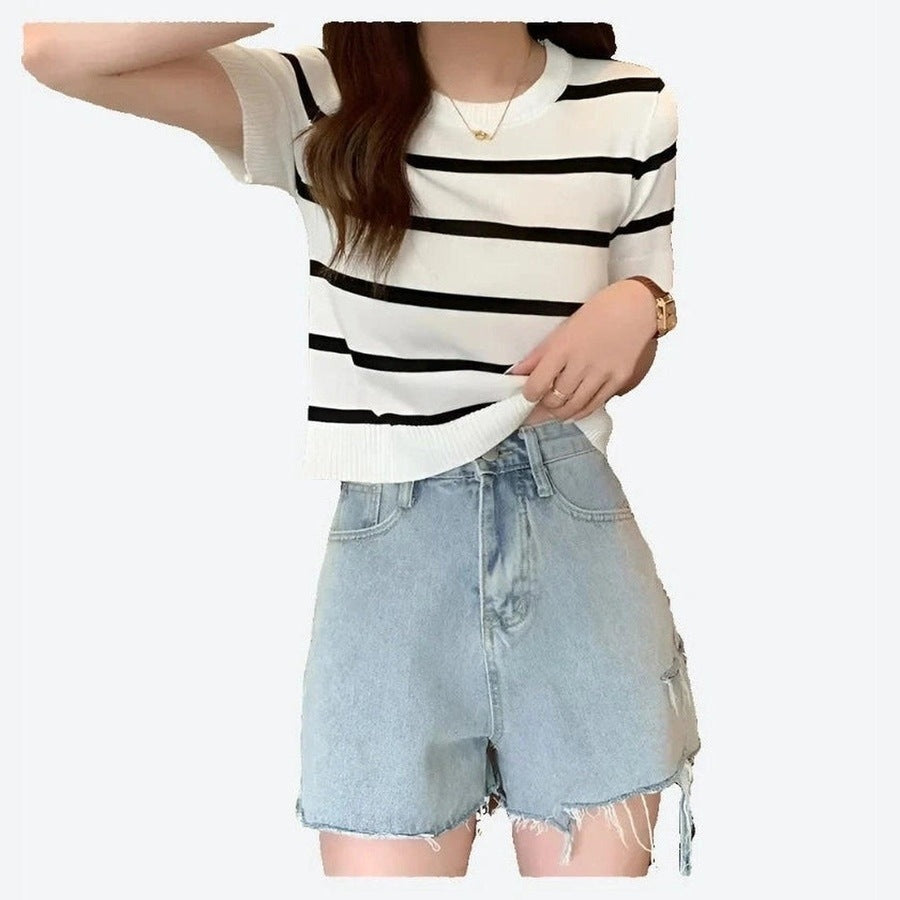 Trendy Striped Short-Sleeve Knit Tops