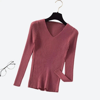 Trendy V-Neck Ribbed Knit Sweaters