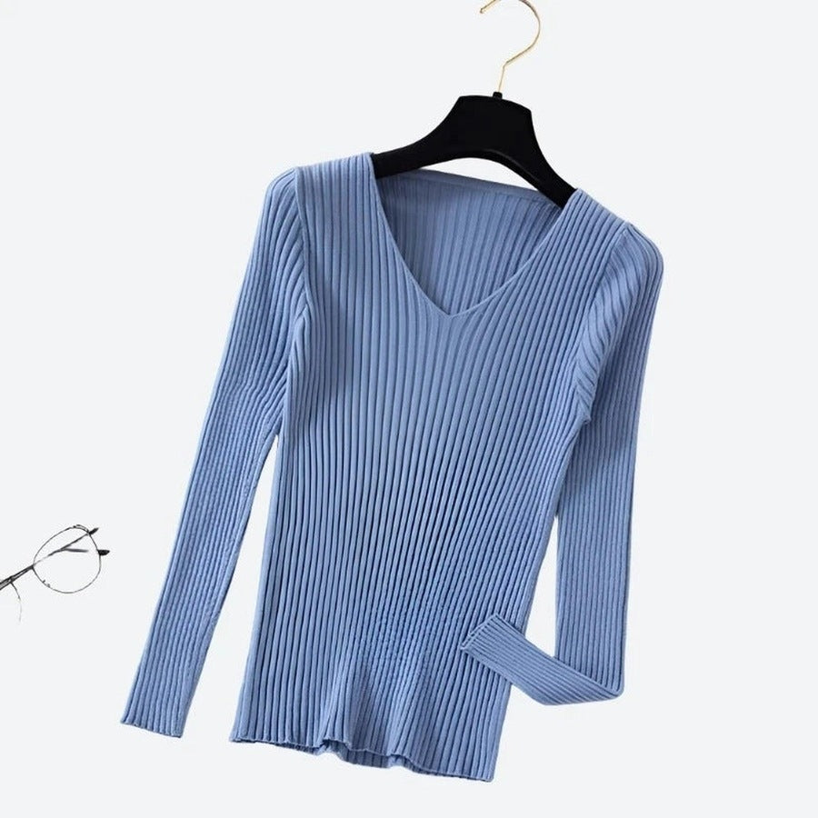 Trendy V-Neck Ribbed Knit Sweaters