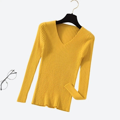 Trendy V-Neck Ribbed Knit Sweaters