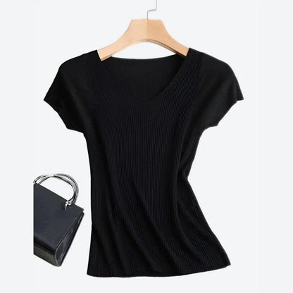 Trendy V-Neck Short-Sleeve Knit Tops