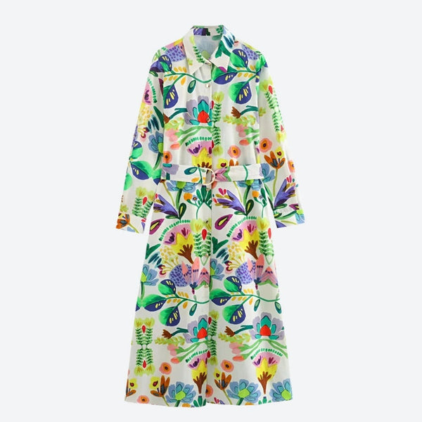 Vibrant Floral Belted Shirt Dresses