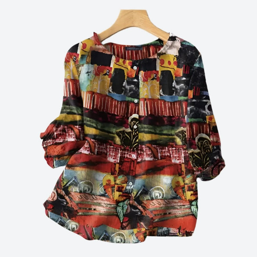 Vibrant Patchwork Button Casual Blouses