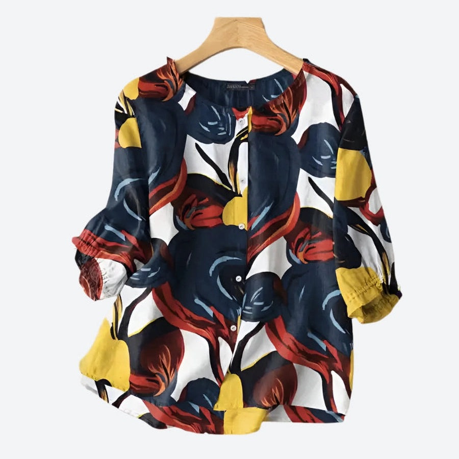 Vibrant Patchwork Button Casual Blouses