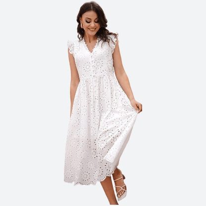 Chic Eyelet Flutter Sleeve Midi Dresses