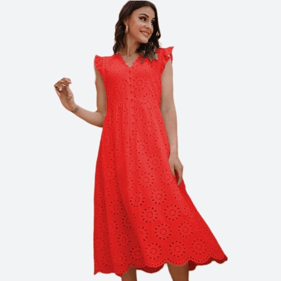 Chic Eyelet Flutter Sleeve Midi Dresses