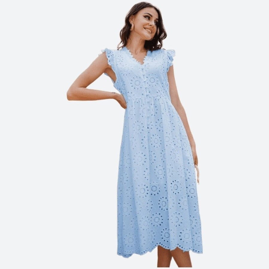 Chic Eyelet Flutter Sleeve Midi Dresses