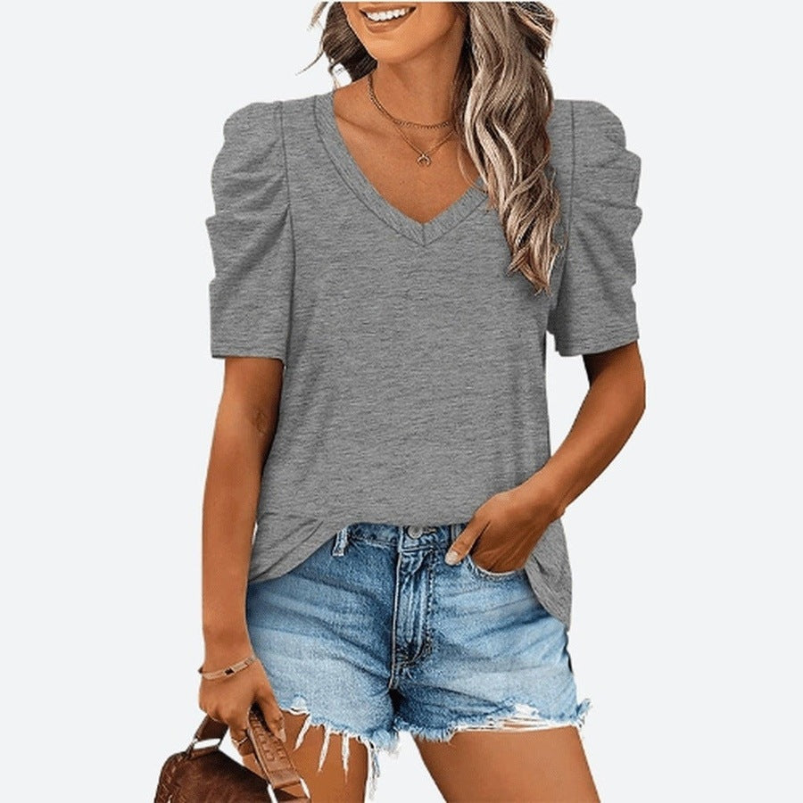 Trendy Puff-Sleeve V-Neck Casual Tops