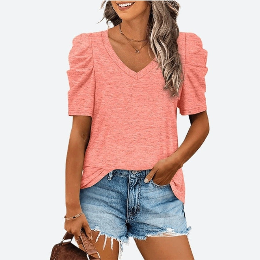 Trendy Puff-Sleeve V-Neck Casual Tops