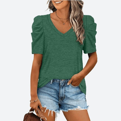 Trendy Puff-Sleeve V-Neck Casual Tops